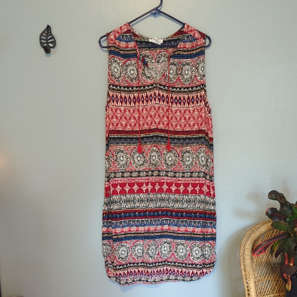 Beach Lunch Lounge Floral Mandala Knee Length Dress Patriotic Red White Blue XL